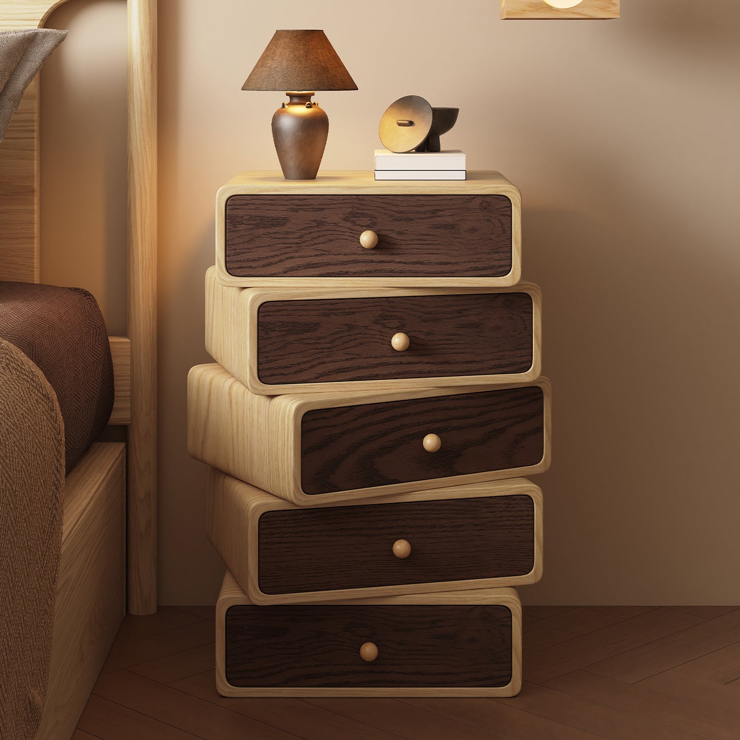 Rotatable Solid Wood Bedside Table – Compact Vintage-Modern Nightstand for Bedroom Storage