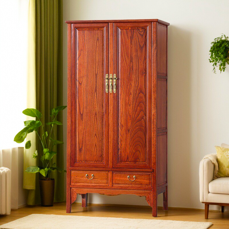 Chinese-Style Solid Wood Wardrobe – 2-Door Carved Armoire with Top Cabinet for Bedroom Storage