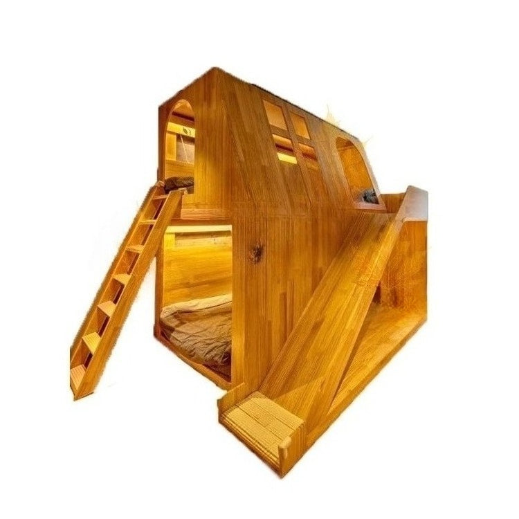 Solid Wood Treehouse Loft Bed with Slide and Bunk Design