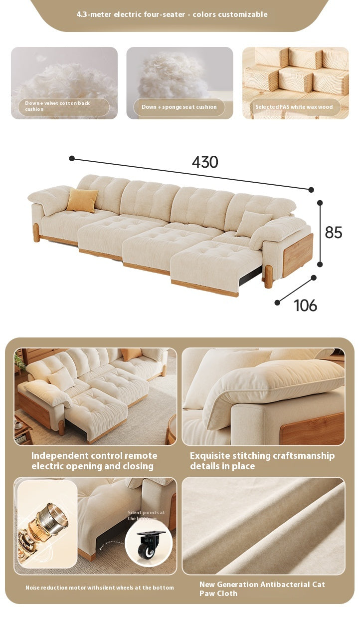 Electric Extendable Fabric Sofa Bed in Japandi Cream Style with Wood Frame for Small Living Rooms