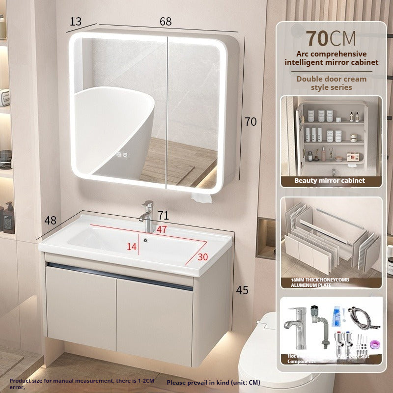 Cream-Style Honeycomb Aluminum Bathroom Vanity – Ceramic Basin Set with Smart Curved Mirror Cabinet & Tissue Slot