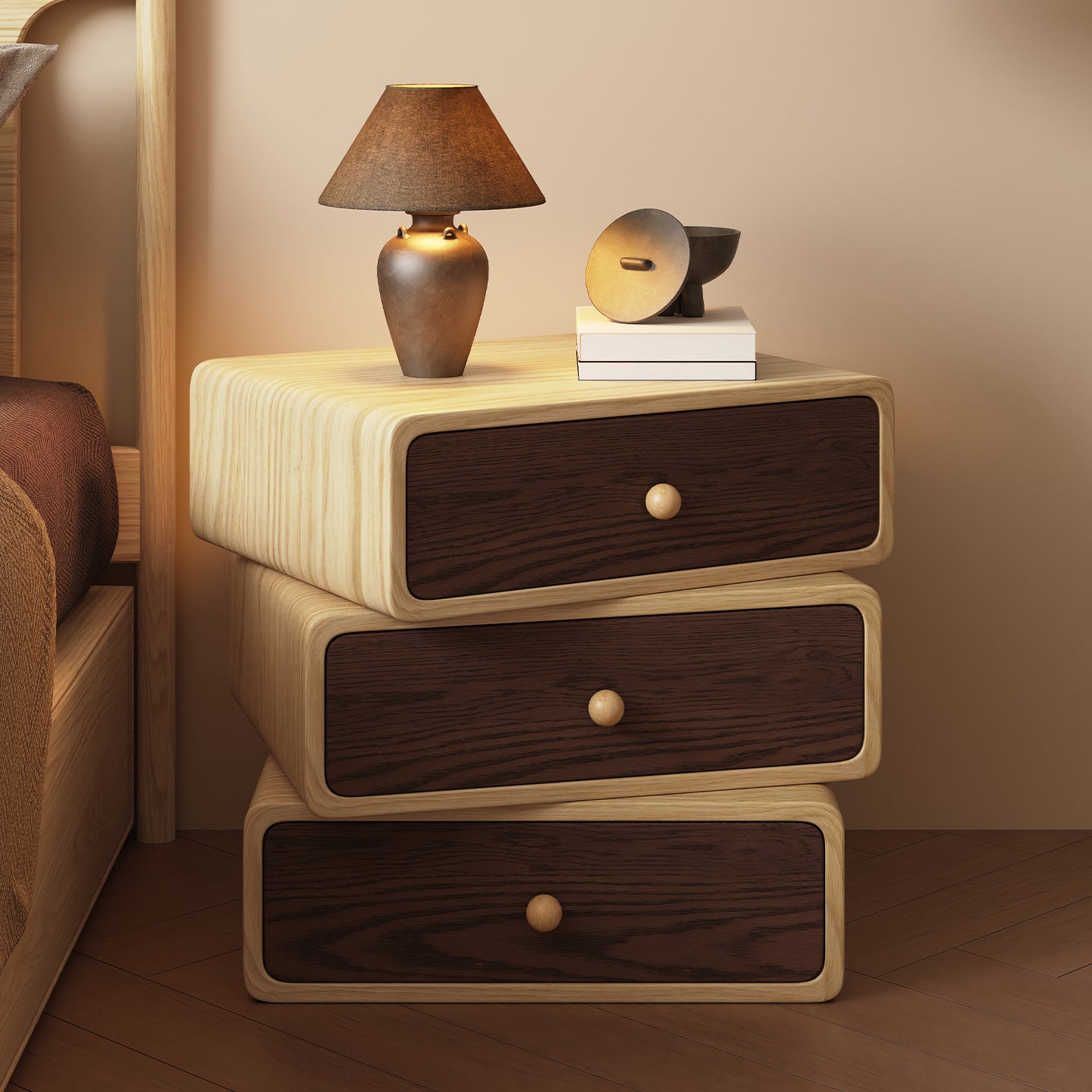 Rotatable Solid Wood Bedside Table – Compact Vintage-Modern Nightstand for Bedroom Storage