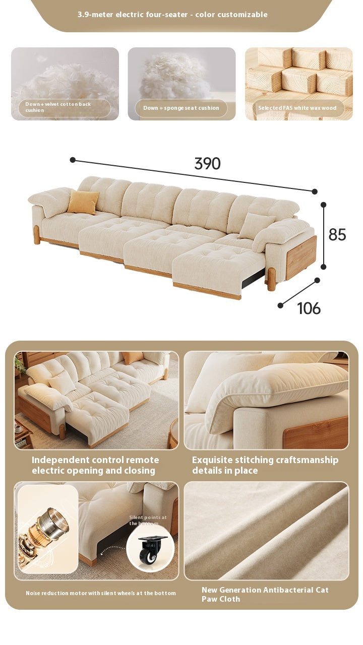 Electric Extendable Fabric Sofa Bed in Japandi Cream Style with Wood Frame for Small Living Rooms