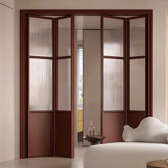 Solid Wood Folding Sliding Door – Minimalist Glass Partition for Bedroom, Balcony & Bathroom with Fluted Glass & Overhead Track