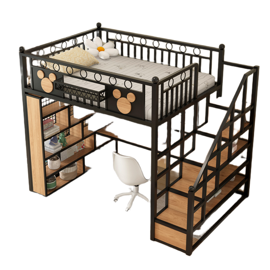 Elegant Double-Decker Metal Loft Bed with Ladder and Under-Bed Desk, Customizable Bedroom Furniture