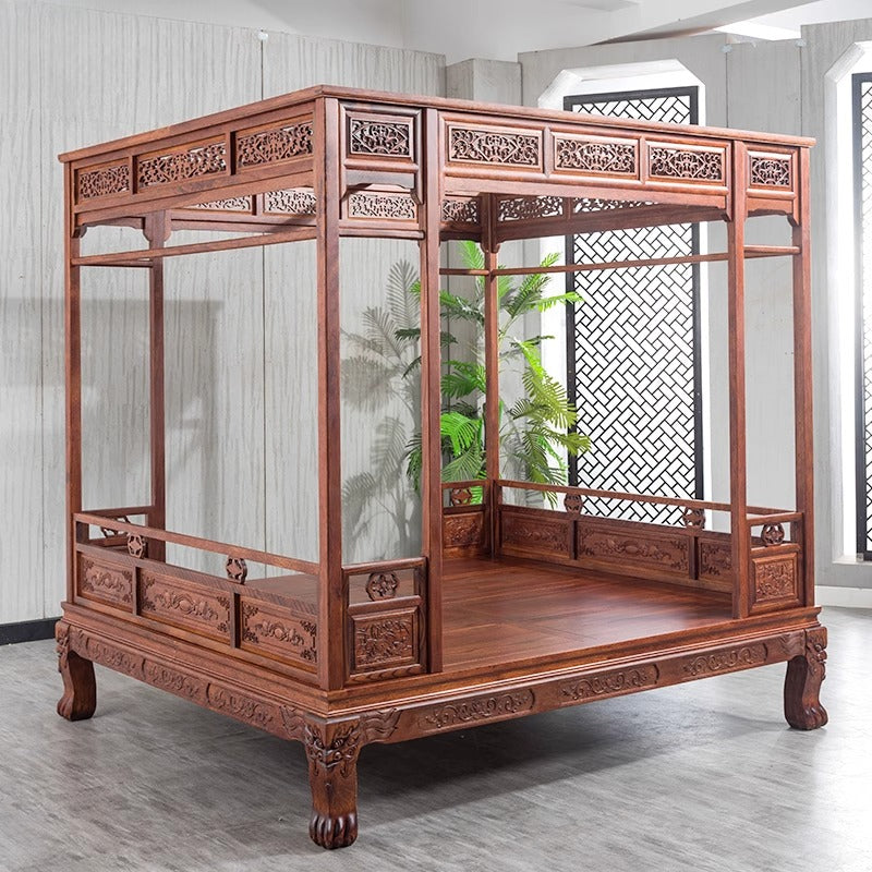 Traditional Chinese Canopy Bed – Antique-Style Carved Rosewood Step Bed in Red Pear or Wood