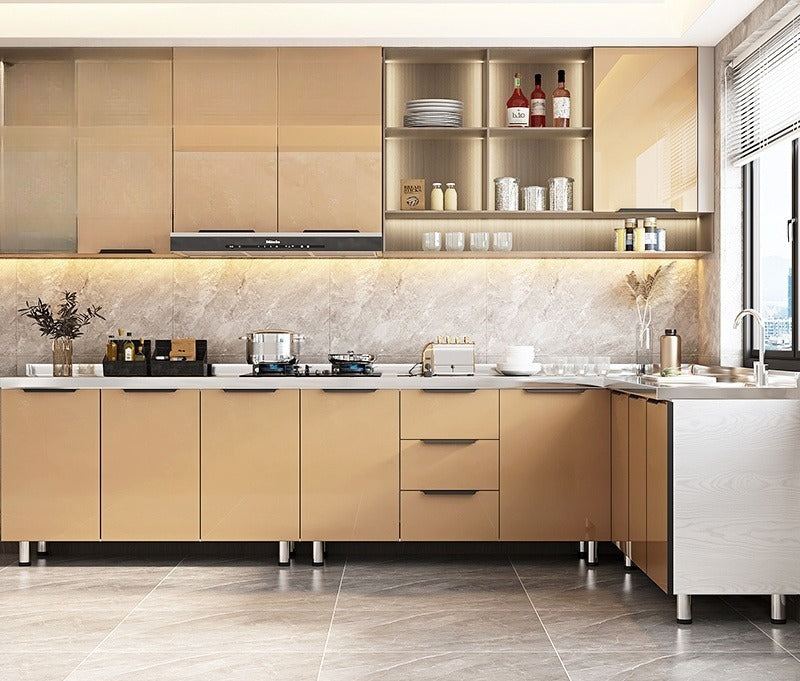 Stainless Steel Kitchen Cabinet with Integrated Stove & Pull-Out Storage for Home Use