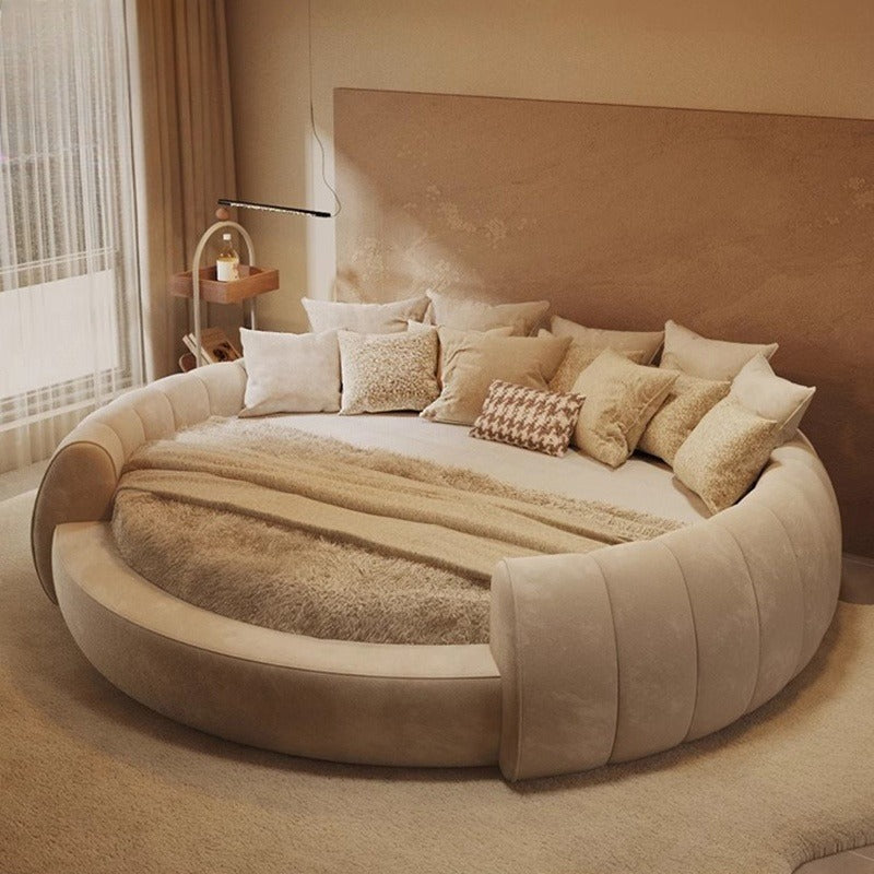 Cream Puff Round Bed – Italian Minimalist Velvet Double Bed with Latex Mattress for Master Bedroom & Wedding Use