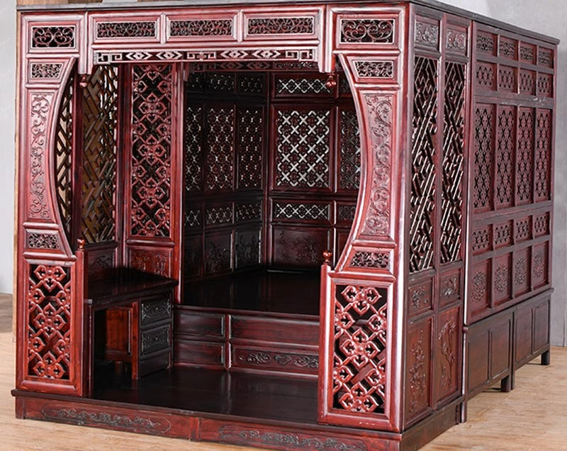 Traditional Chinese Canopy Bed – Antique-Style Carved Rosewood Step Bed in Red Pear or Wood