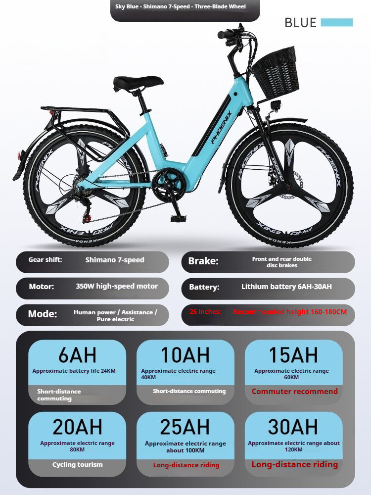 Electric Commuter Bike for Adults – 25Ah Lithium Battery, 7-Speed, 3-Spoke Wheels, Pedal Assist