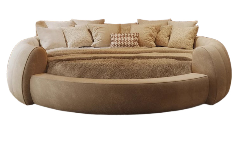 Cream Puff Round Bed – Italian Minimalist Velvet Double Bed with Latex Mattress for Master Bedroom & Wedding Use
