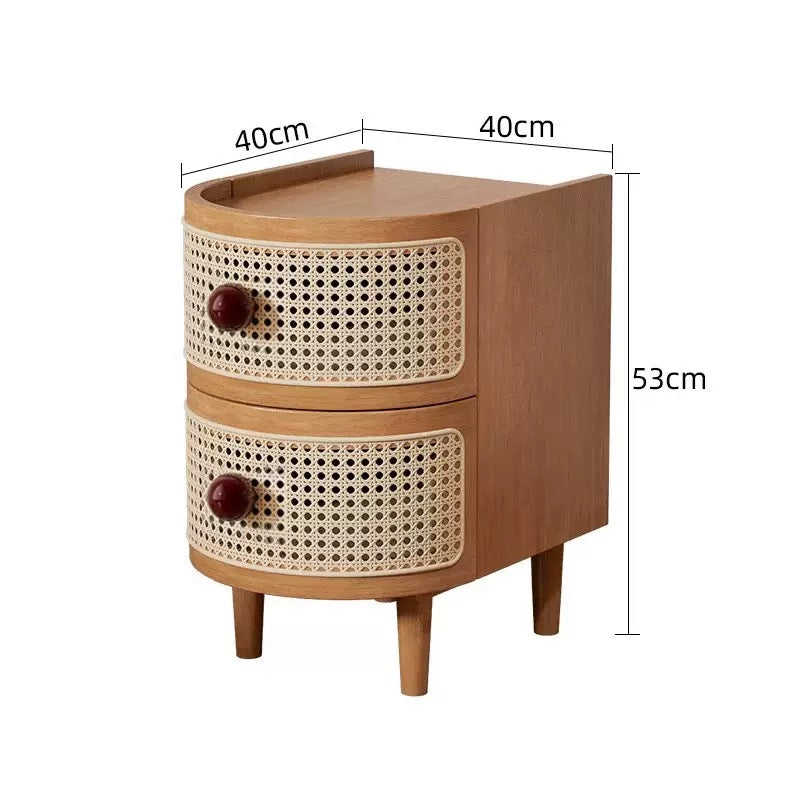 Vintage Japanese-Style Bedside Table – Solid Wood Nightstand with Rattan Design for Bedroom Storage