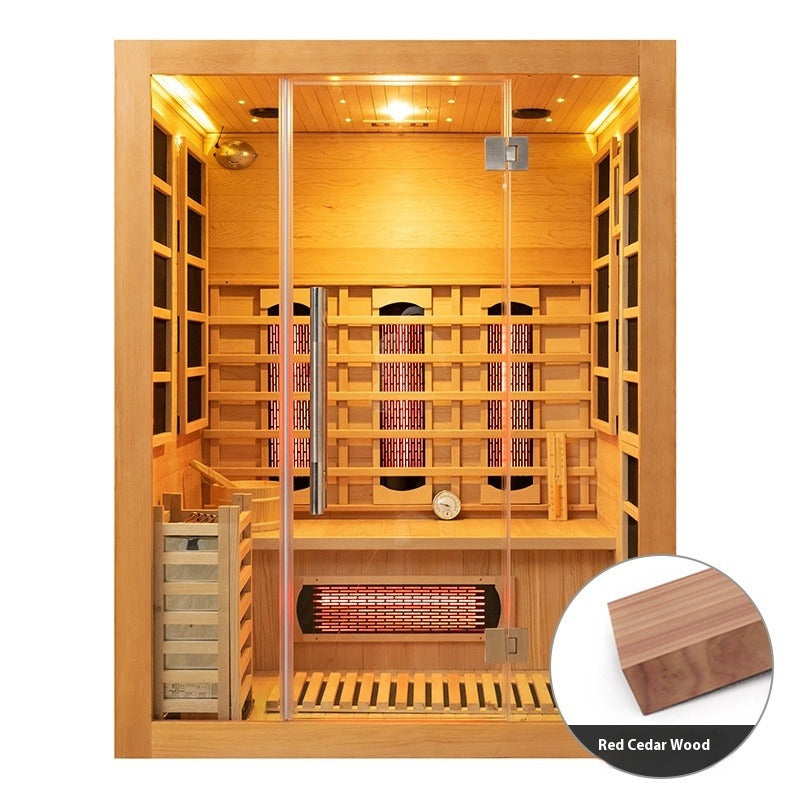 Solid Wood Home Sauna Room with Dual System, Infrared & Dry Steam, Volcanic Stone Therapy Cabin