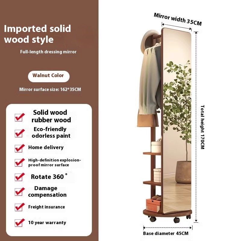Rotating Freestanding Full-Length Mirror with Built-in Coat Rack – Mobile Dressing Mirror for Bedroom