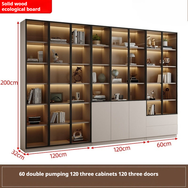 Custom Full-Wall Chinese Bookshelf – Solid Wood Display Cabinet with Glass Doors & Thick Reinforced Back Panel