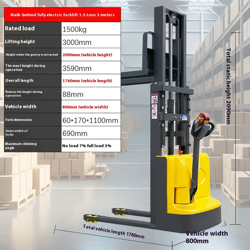 Compact Full Electric Forklift Stacker with Hydraulic Lift for Loading, Unloading & Pallet Handling