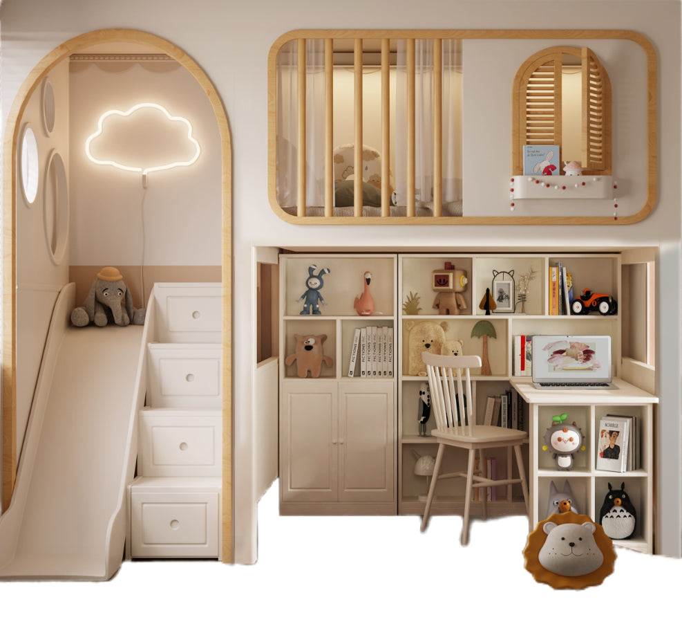 Elegant Customizable Treehouse Bunk Bed with Desk, Wardrobe, Bookshelf, Slide, Staircase, and Archway - Mattress Included