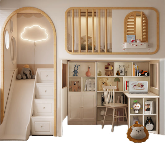 Elegant Customizable Treehouse Bunk Bed with Desk, Wardrobe, Bookshelf, Slide, Staircase, and Archway - Mattress Included